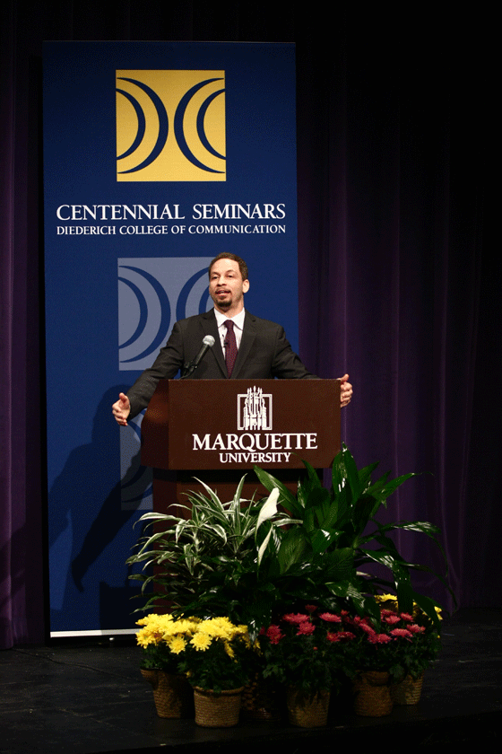 Chris Broussard, ESPN analyst, spoke on campus Tuesday night as part of the College of Communications .  Photo by Ryan Glazier / Ryan.Glazier@Marquette.edu  