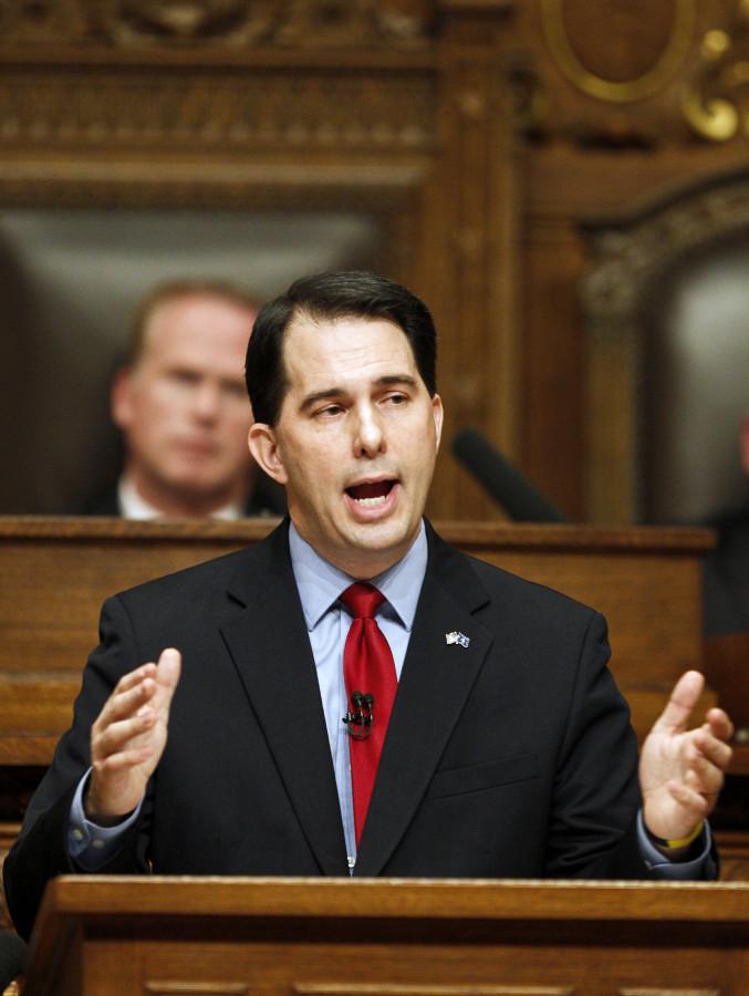 Wisconsin Gov. Scott Walker, shown here giving his State of the State address Jan. 25, has earn 77 percent of his campaign contribution from grassroots donations.