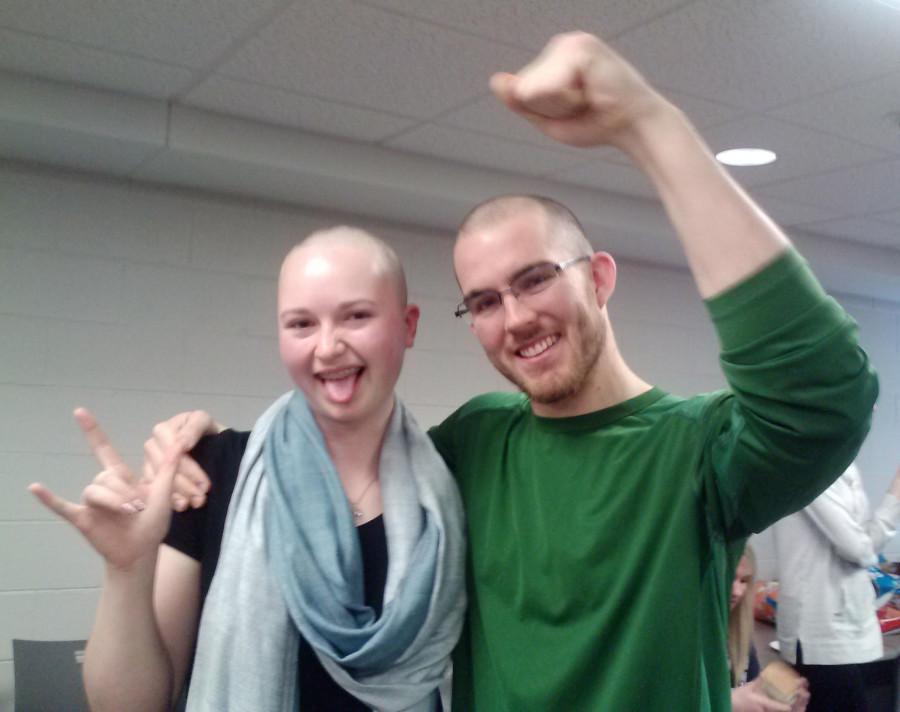 Catherine Knier (left) and Ryan Knott were two of the 160 students who cut off all their hair Saturday. Photo courtesy of Catherine Knier