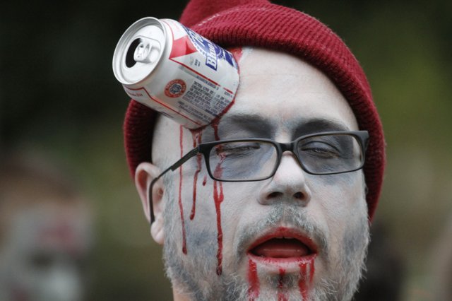 This man whould fit in well at the Zombie Apocolypse Charity Pub Crawl this weekend. Photo via www2.ljworld.com