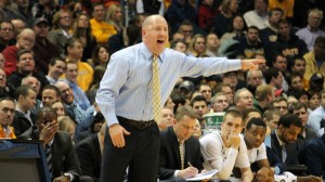 Buzz Williams gets animated on the sideline against the Georgetown Hoyas on 2/27/14.