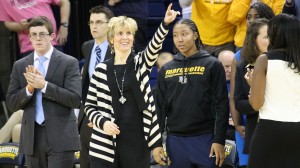 Marquette head coach Terri Mitchell during the Golden Eagles' game versus the Georgetown Hoyas Feb. 1, 2014.