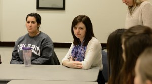 Mary Maruggi (left), a senior in the College of Arts & Sciences, and Nora Heiderscheidt, a junior in the College of Health Sciences, announce three candidates of Greek chapters to be added to Marquette's campus.