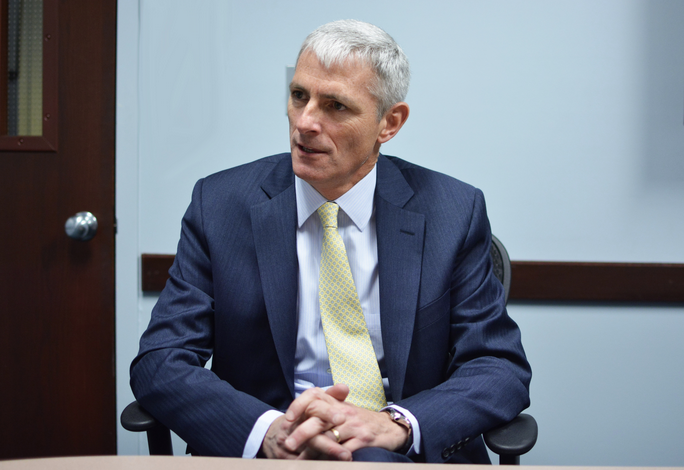 Photo by Rebecca Rebholz/rebecca.rebholz@marquette.edu
University President Michael Lovell talks with the Marquette Tribune during an exclusive interview in March.