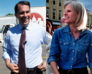 In this combination of 2014 file photos are Wisconsin Republican Gov. Scott Walker, left, and his Democratic challenger, Mary Burke, at campaign events in Wisconsin. (AP Photo/AP, Scott Bauer and The Journal Times, Scott Anderson)