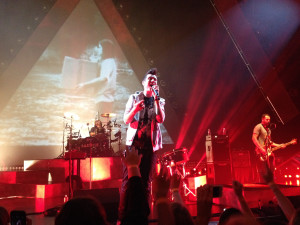 Bastille's lead singer Dan Smith performs one of the band's chart-topping singles at the Milwaukee Theatre on Saturday night. (Photo by Claudia Brokish/claudia.brokish@marquette.edu)