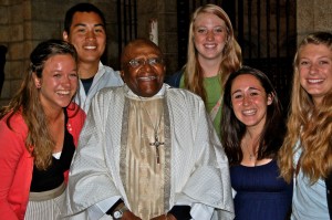 Marquette students pose with social rights activist Desmond Tutu during their time studying in South Africa.