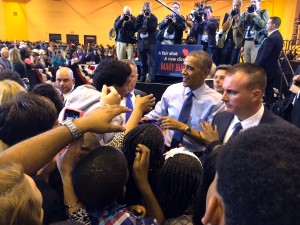 President Barack Obama greets Milwaukee residents at North Division High School while campaigning for Democratic candidate for governor, Mary Burke. Photo by Joe Cahill / joseph.cahill@marquette.edu