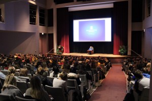 Holocaust survivor Eva Kor addresses Marquette students in the Weasler Auditorium. Photo by Matthew Serafin matthew.serafin@mu.edu