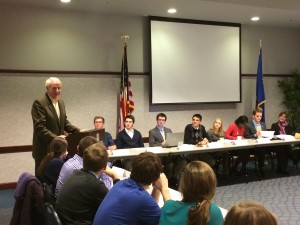 Mayor Tom Barrett speaks at Marquette Student Government's senate meeting Monday evening in the Alumni Memorial Union. Photo by Joe Cahill / joseph.cahill@marquette.edu.