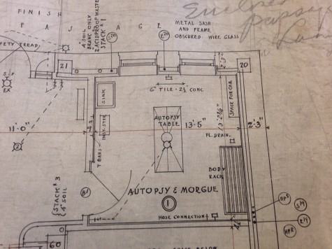 Blue print records of Humphreys basement  detail what the morgue looks like. Photo courtesy of the Wisconsin Architectural Archives of the Milwaukee Public Library.