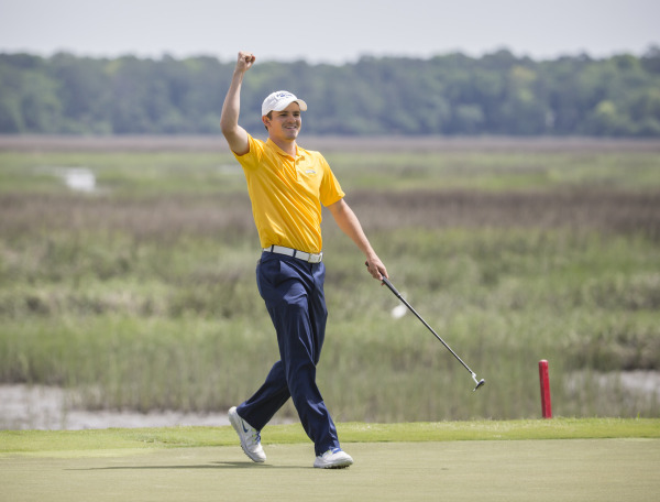 Patrick Sanchez celebrates during his final round at the BIG EAST Championship  April 28, 2015, in Okatie, South Carolina.