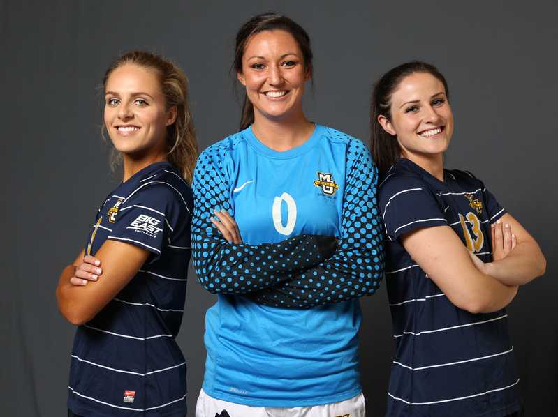 Jacie Jermier (left), Amanda Engel (center) and Ann Marie Lynch (right) are the senior leaders for womens soccer. Photo by Maggie Bean/Marquette Athletics