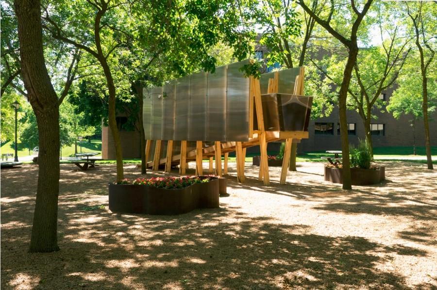 Marc Roehrle and Mo Zells sculpture, Breaking Grounds, displayed outside the Haggerty Art Museum.