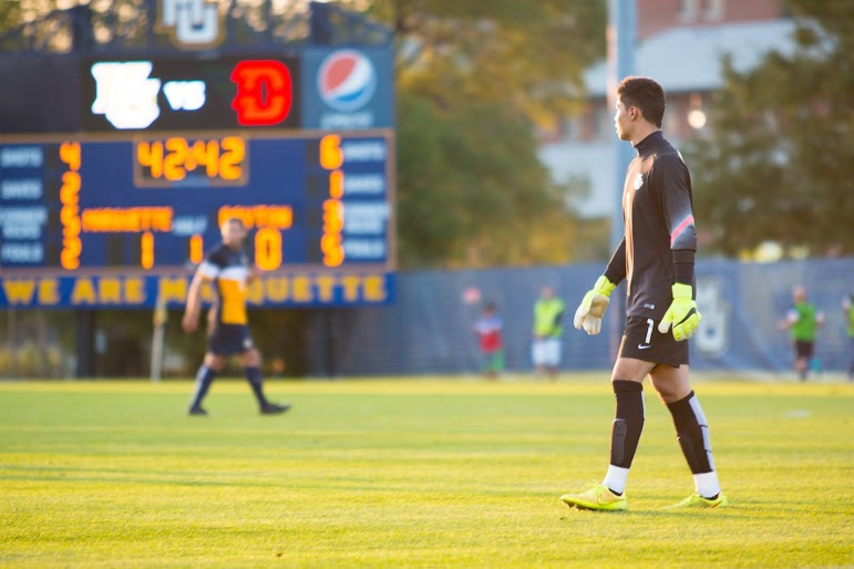 Luis Barraza has used his experience with Real Salt Lakes program to take the reins in net for Marquette. Photo by Ben Erickson/benjamin.a.erickson@marquette.edu