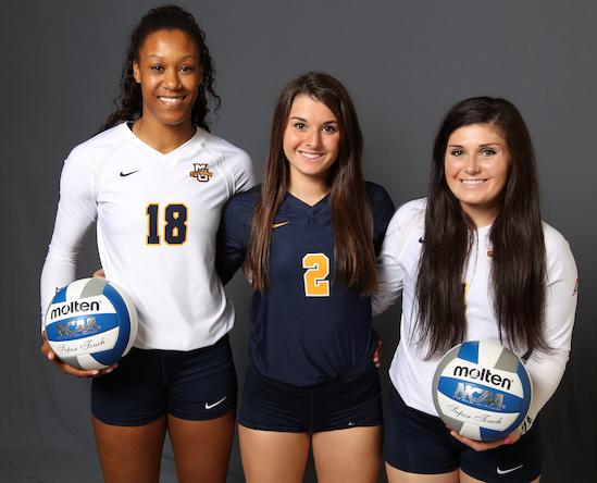 Amanda Green (left) and Abby Julian (center) will redshirt this season. Photo by Maggie Bean/Marquette Athletics.