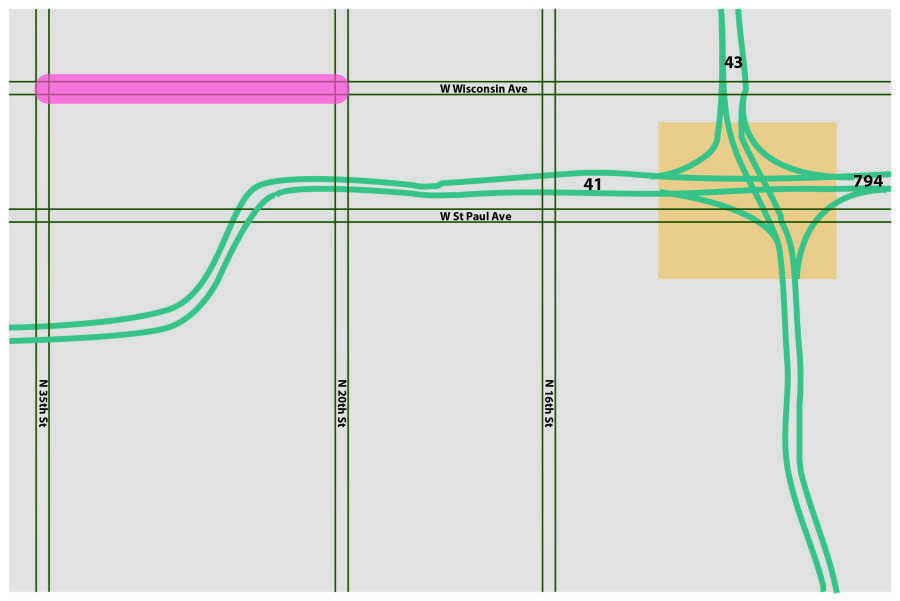 Construction of the Marquette Interchange is scheduled for fall of 2017, highlighted in yellow. The pink line shows the construction set for 2018. 