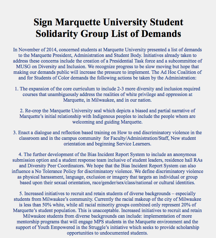 The Ad Hoc Coalition of and for Students of Color issued a set of demands to the university last April.
Photo via https://docs.google.com/forms/d/1CczNK3W0812Ms3IxGPpJQO4hQ5Mh2rdwW2RZWTXmEsE/viewform