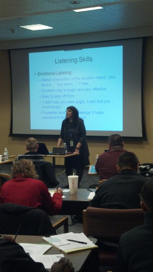 One of the speakers at the crisis intervention training presentation. Photo by Gary Leverton/ gary.leverton@marquette.edu