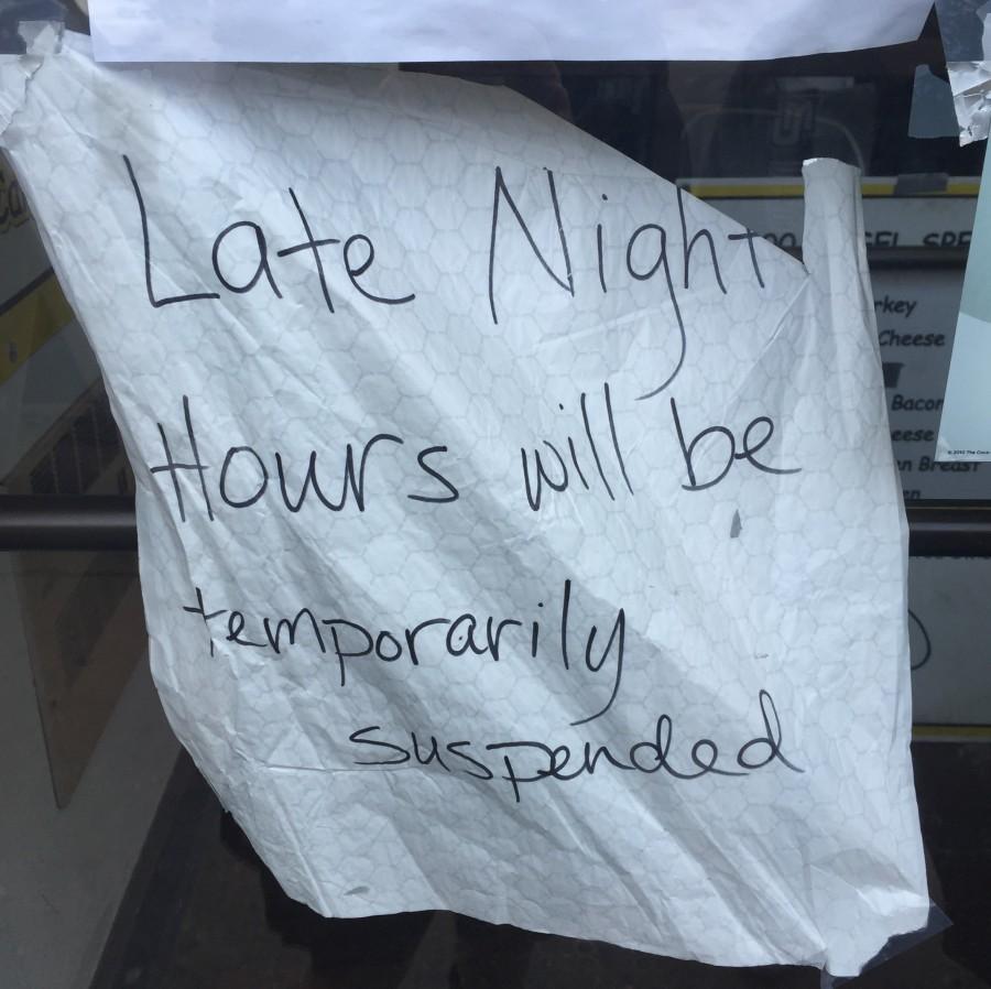 A sign on Bro Yos door reads Late Night hours will be temporarily suspended. Photo by Natalie Wickman /natalie.wickman@mu.edu