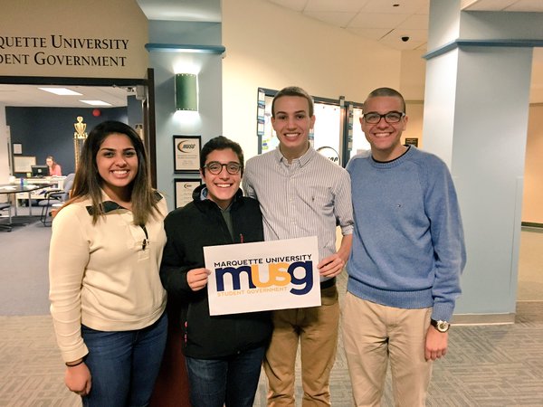 From left to right: MUSG Vice President Aliya Manjee, Ortiz, Kouhel and MUSG President Zack Wallace pose following the election.