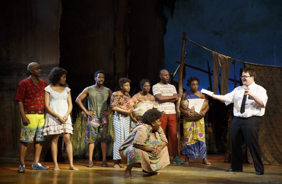 Book of Mormon actors perform together, including Cody Jamison Strand.