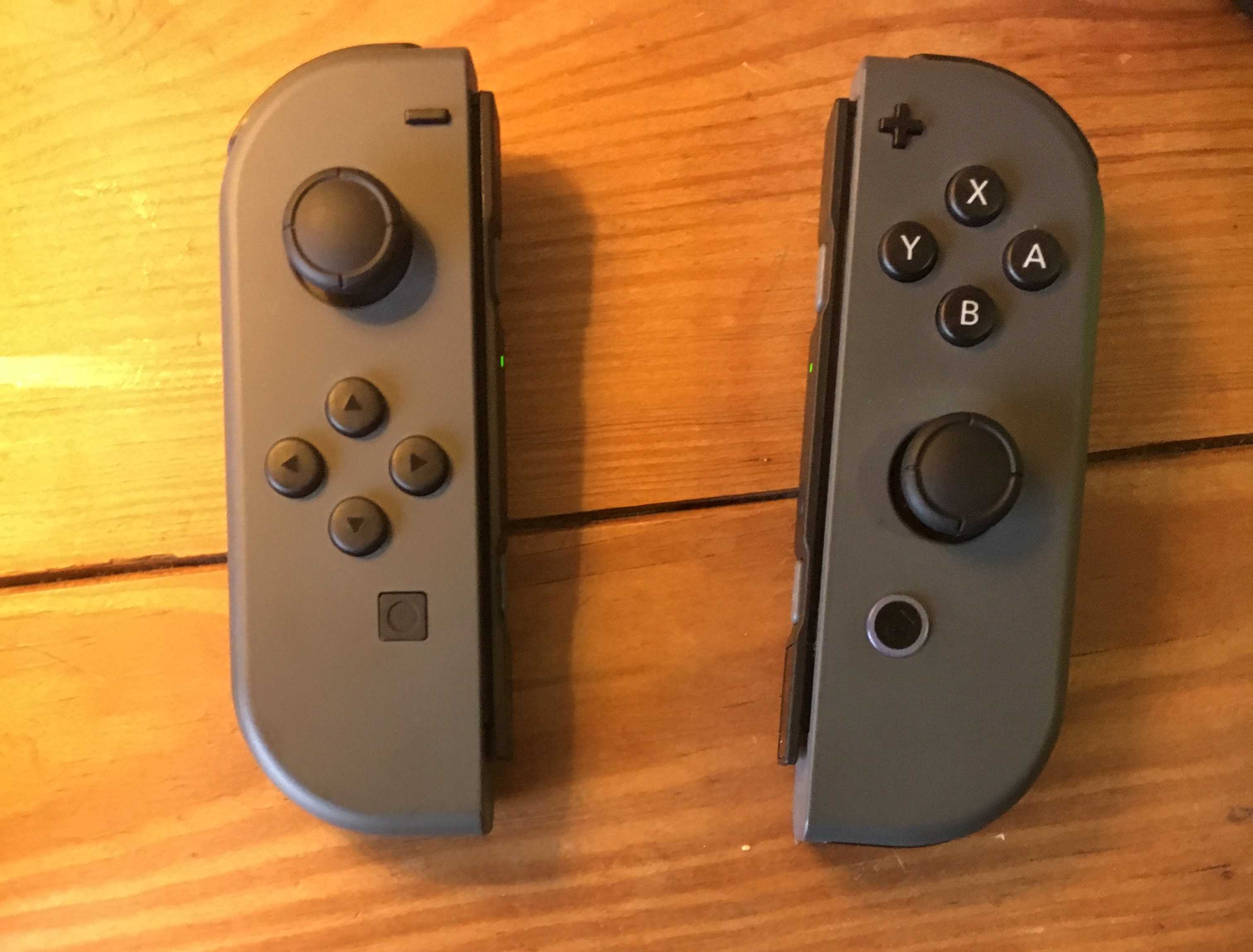 Joy-Con controllers for the Nintendo Switch. These tiny controllers can combine to create one large controller in multiplayer mode.