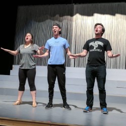Left to right: Aileen OCarroll, Nick Parrott and Michael Nicholas practice for Anything Goes, which debuts at the Helfaer April 6. Photo courtesy of Aileen OCarroll.