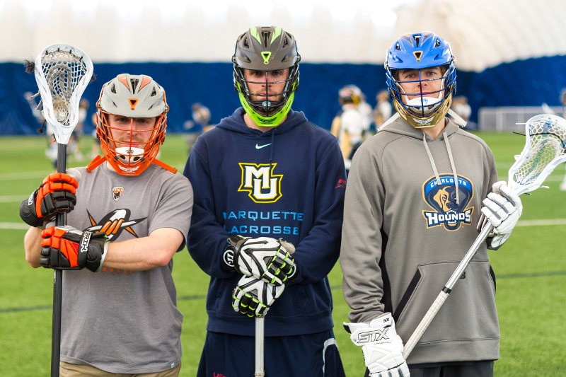From left to right: B.J. Grill of the Denver Outlaws, Jake Richard of the New York Lizards and Ryan Brown of the Charlotte Hounds.