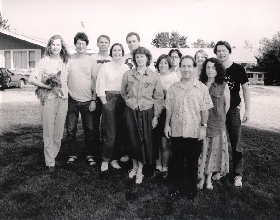 Schneider (center) and other members of Theatre X at the Potowatomi reservation when working on Bode-wad-mi: Keepers of the Fire, a play about the tribes history. The experimental theater group began in the 1970s, and Schneider played an instrumental role in writing and acting for 35 years.