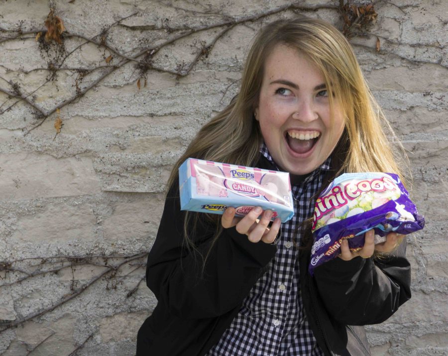 Katie Doyle, a sophomore in the College of Arts & Sciences, poses with popular egg-shaped Easter candies. Photo by Stacy Mellantine stacy.mellantine@marquette.edu