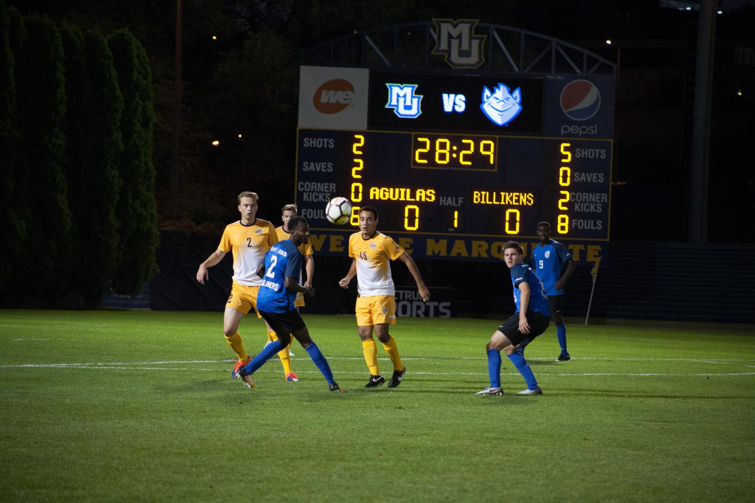 Freshman defender Brendan Skinner and junior midfielder Ruben Sanchez defend a free kick against St. Louis. Marquette lost that match 1-0.