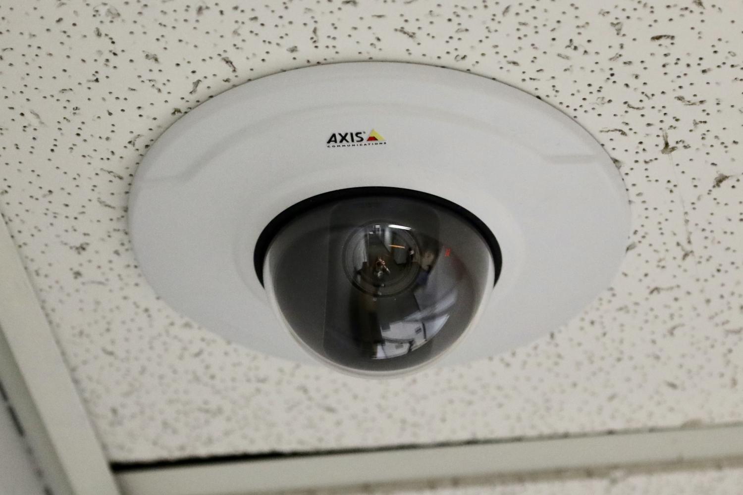 A+new+security+camera+in+Schroeder+Hall.+Cameras+were+placed+in+the+hallways+last+spring.+