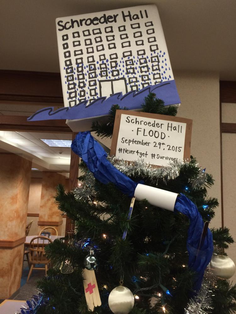 A Christmas tree students made in the Schroeder lobby following the flood. Photo courtesy of Jennifer Walter