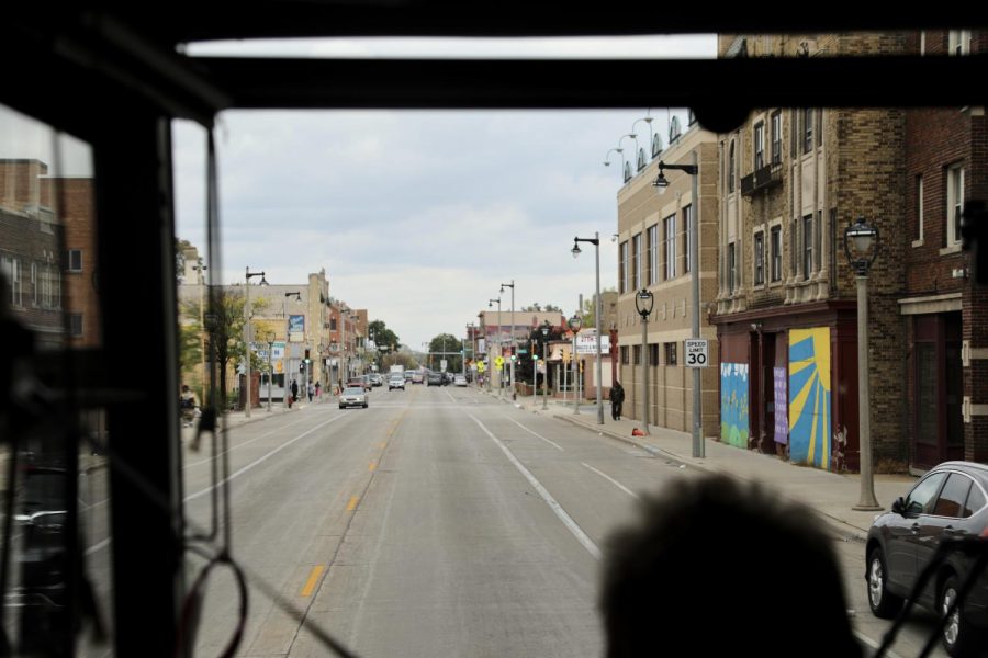 The view out the front window of the bus headed down a street in the Near West Side.