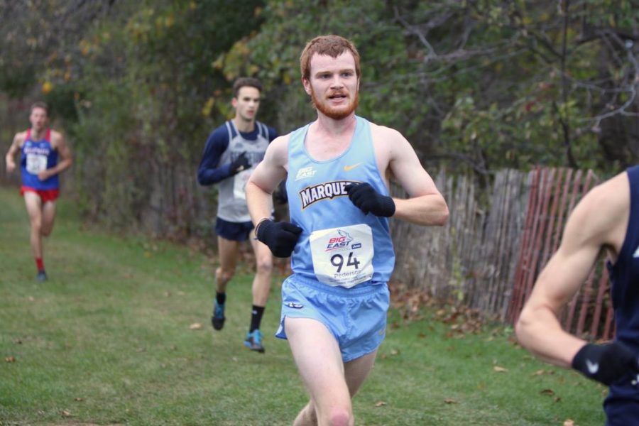 Sophomore Daniel Pederson competes at the BIG EAST Championships race on Oct. 28. Pederson finished eighth place overall.  