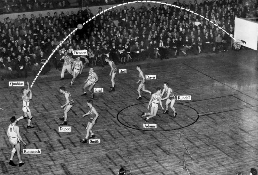 An illustration of the trajectory of a shot made by Dave Quabius in a game against the University of Wisconsin-Madison in 1930. (Photo Courtesy: Department of Special Collections and University Archives, Marquette University Libraries)