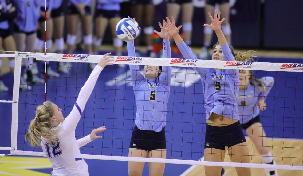 Jenna Rosenthal and Lauren Speckman attempt a block against Creighton in the BIG EAST Championship. The Golden Eagles will meet in-state rival University of Wisconsin-Madison on Friday in Ames, Iowa in the first round of the NCAA Tournament. This is Marquette's seventh straight tournament appearance.