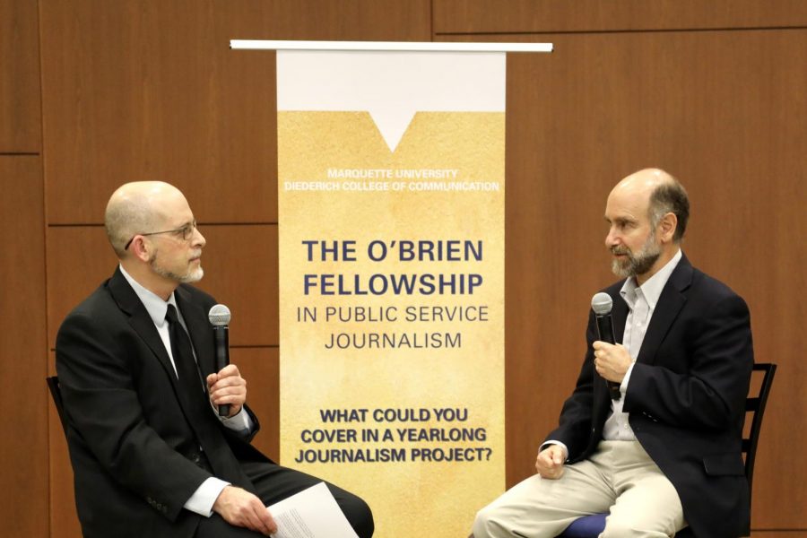 Hosted in Eckstein Hall, the O'Brien conference focused on Pulitzer Prize winner Mark Johnson’s (left) series “Outbreak,” which he worked on with Marquette students as part of the fellowship. Johnson interviewed Nobel Peace Prize winner Dr. Jonathan Patz (right,) who currently serves as the director of the Global Health Institute at the University of Wisconsin-Madison, about the relationship between animal to human diseases.