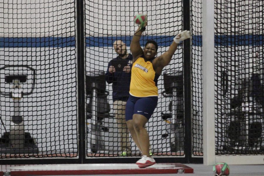 Senior+thrower+Maya+Marion+is+going+for+her+fourth+BIG+EAST+outdoor+shot+put+title.+%28Photo+by+Maggie+Bean+via+Marquette+Athletics.%29