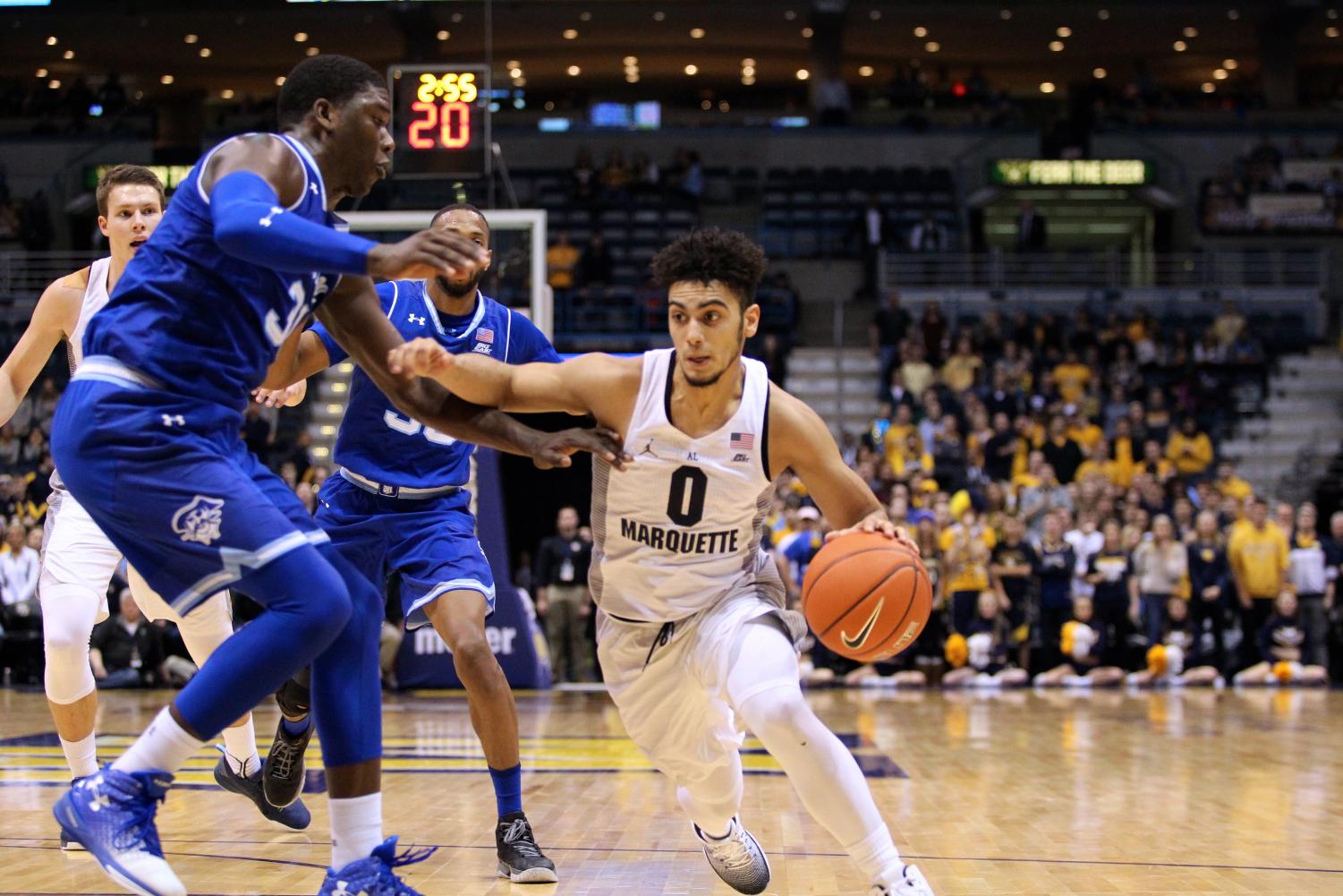 Markus Howard led the team in scoring with 30 points. It's his sixth 30-point game of the season. (Photo by Maggie Bean courtesy of Marquette Athletics.)