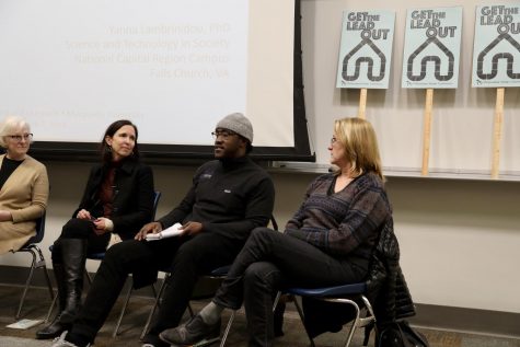 From left to right, panelists Christine Hill, Yanna Lambrinidou, George Olufosoye and Sherrie Tussler engage in a panel discussion about lead service lines in Milwaukee.