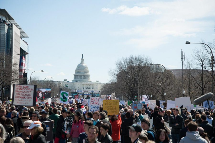Demonstrators advocate for stricter gun laws and legislation at the 2018 March For Our Lives in Washington DC. Photo via Wikimedia Commons. 