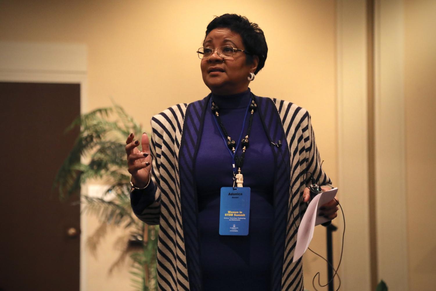 Adonica Randall, a Marquette alumna and the College of Engineering entrepreneur-in-residence, speaks at the Women in STEM Summit in the AMU April 23.