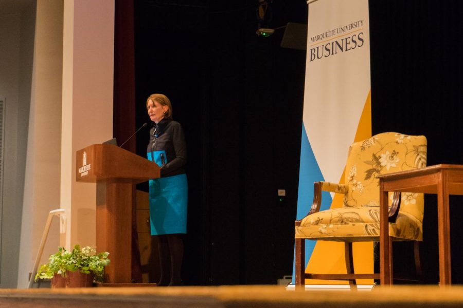 Marquette alumna and businesswoman Mary Ellen Stanek gave the first Women in Business series speech.