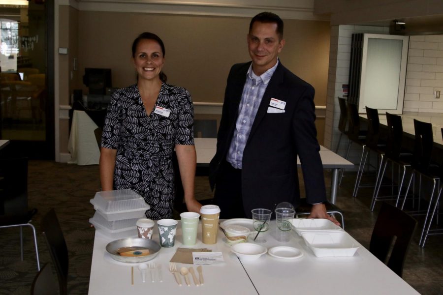 Melanie Vianes and Donato Guida presenting Marquette Dining's compostable and reusable items.

Photo courtesy of Joseph Beaird. 