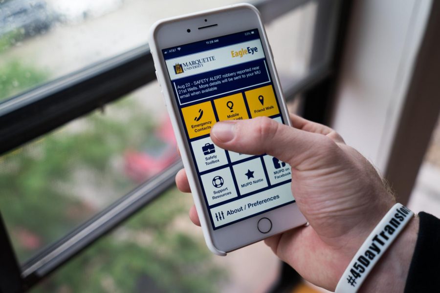 Student uses MUPD's  safety app, EagleEye.