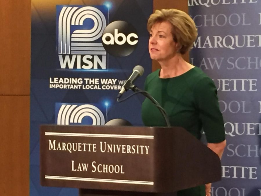 Sen.+Tammy+Baldwin+talks+to+the+media+after+the+debate.+Vukmir+did+not+stay+for+the+press+conference.