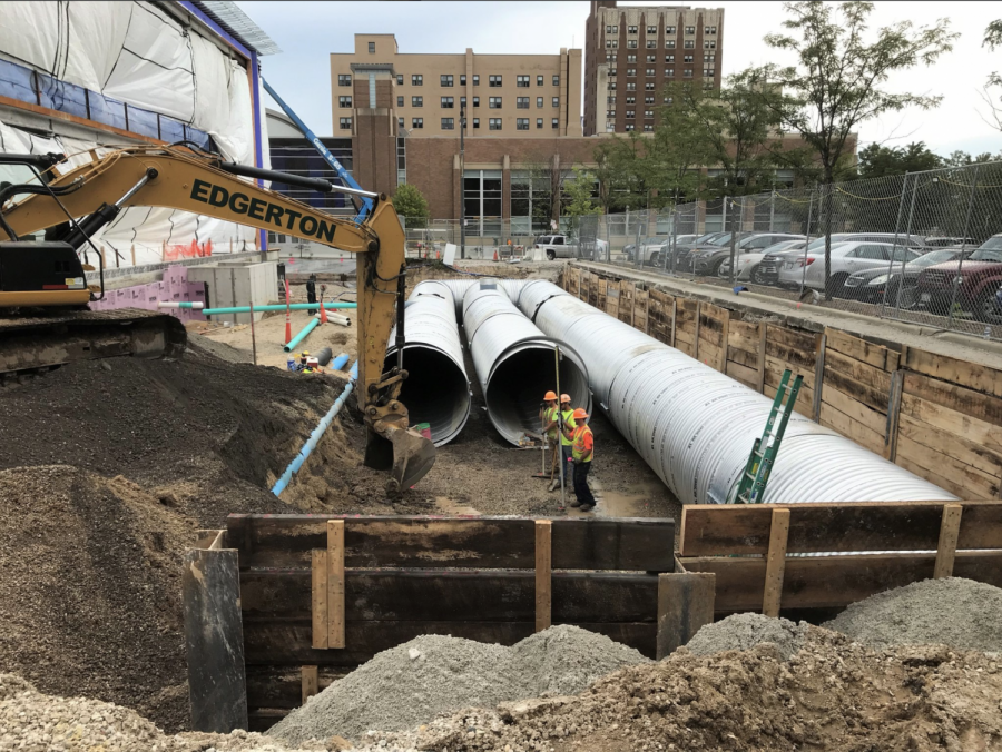 Marquette Sustainability has installed a stormwater collection system adjacent to the new Athletic and Human Performance Research Center that is currently under construction. Photo courtesy of Marquette University Office of Sustainability.