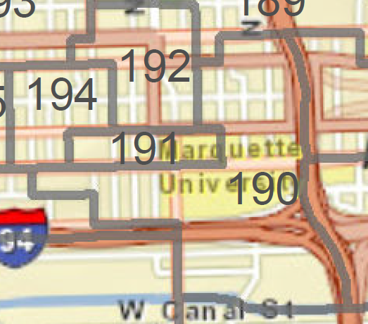 Marquette Universitys campus is divided into four wards. Image courtesy of the Milwaukee County Election Commission.